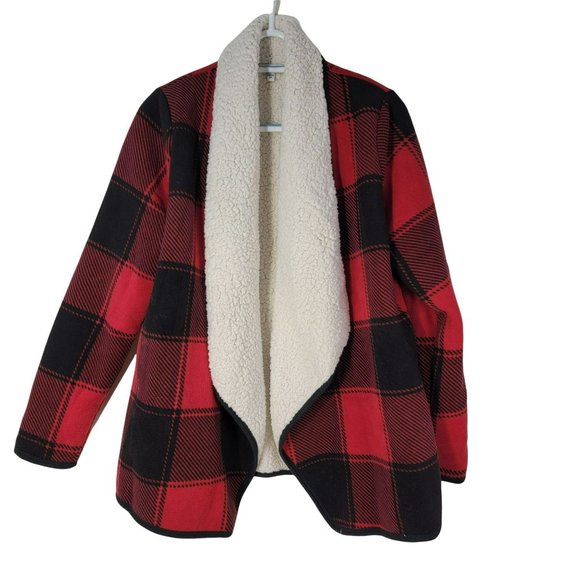 Sonoma Sherpa Red Buffalo Plaid Open Cowl Neck Fleece Cardigan Women M